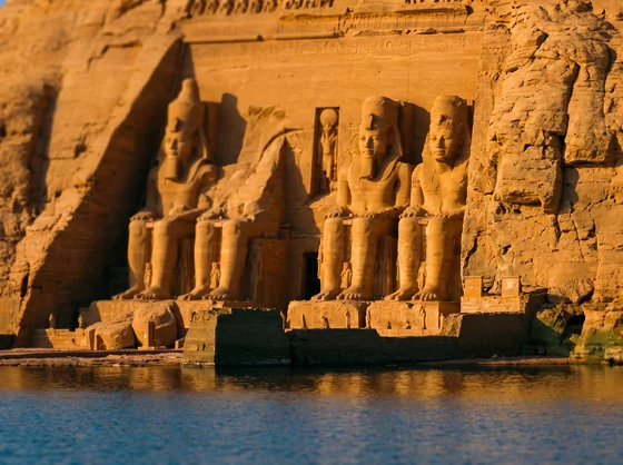 The rock-cut facade of Abu Simbel at dawn
