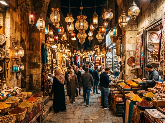 Glowing brass lanterns in the Khan El Khalili bazaar at night
