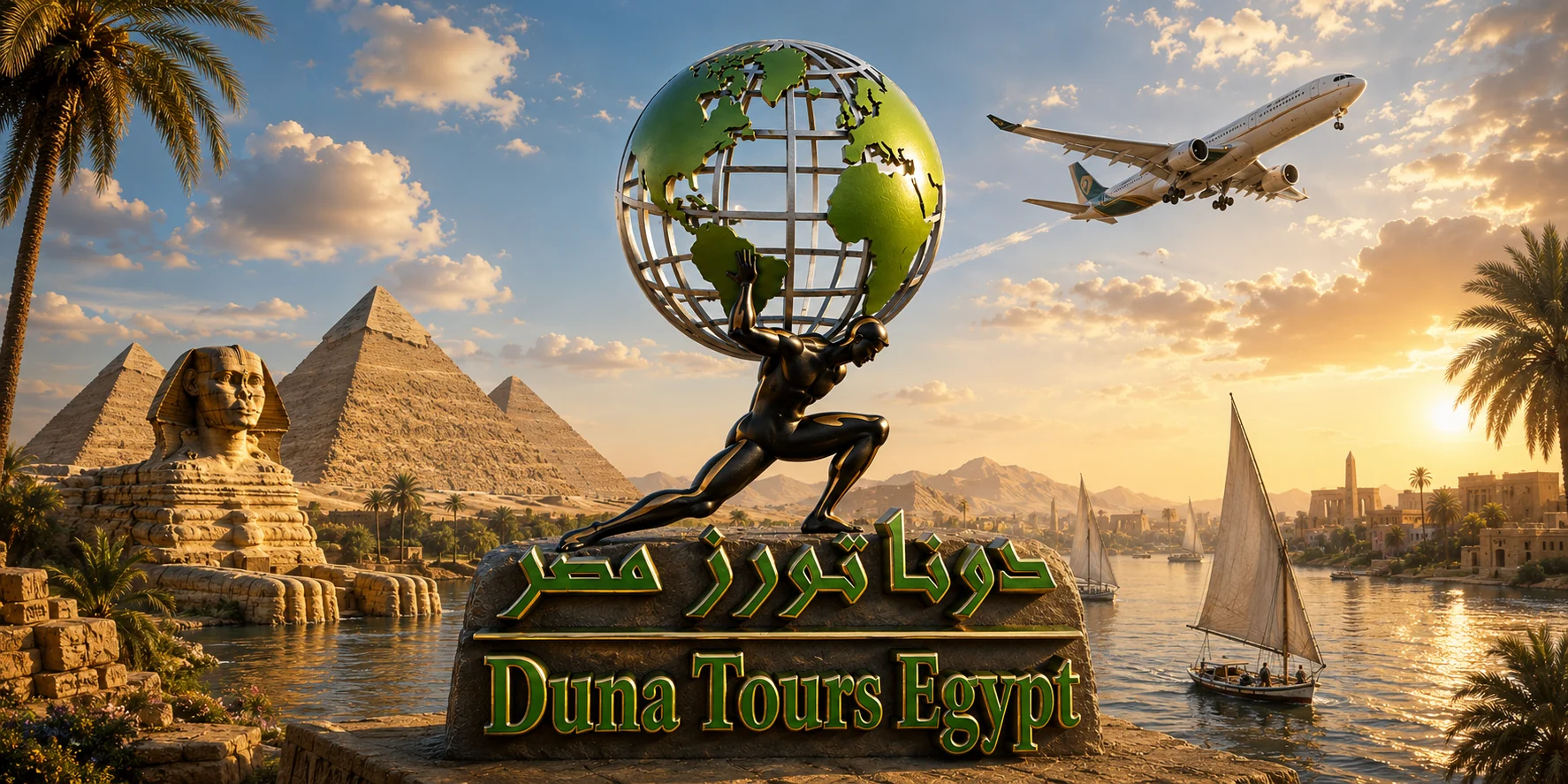 Duna Tours Egypt emblem: Atlas holding the globe on a monument beside the Sphinx, the Pyramids and feluccas on the Nile