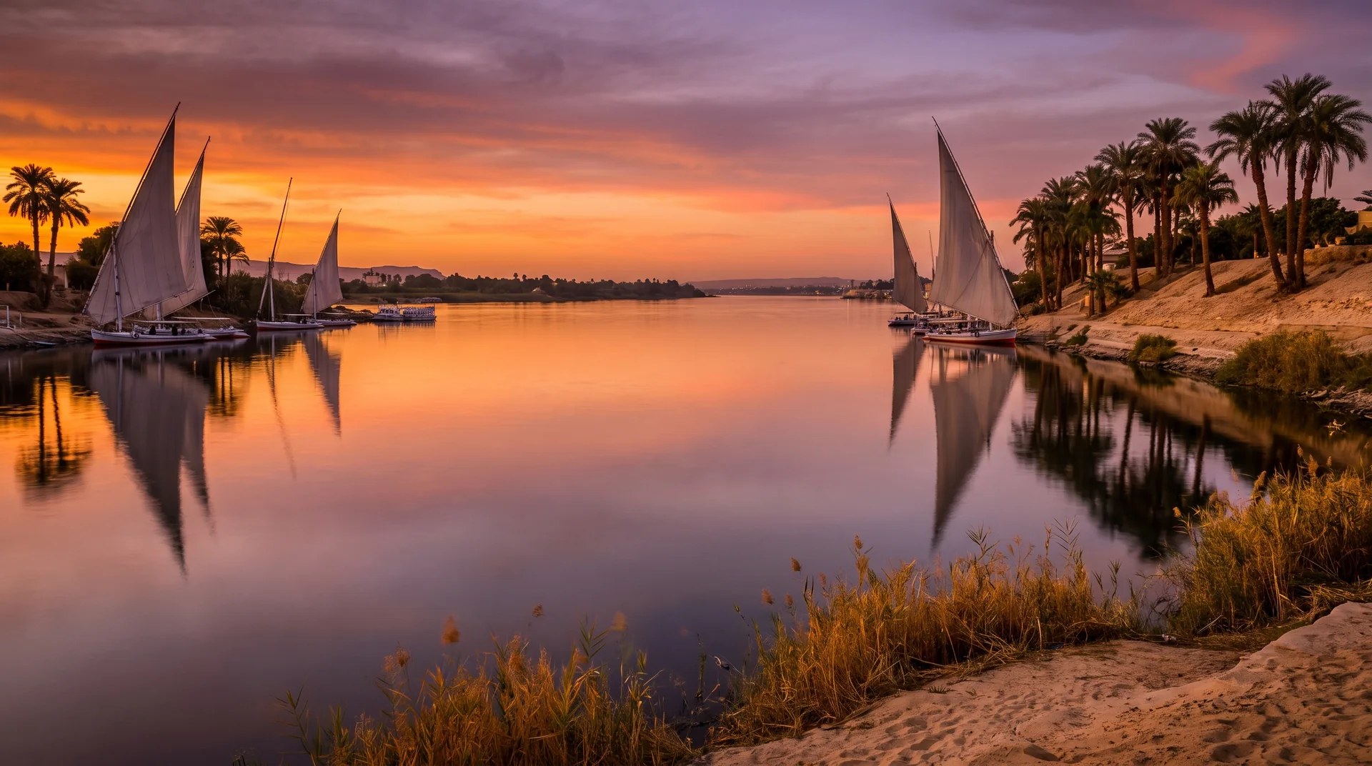 Feluccas silhouetted on the Nile at dusk