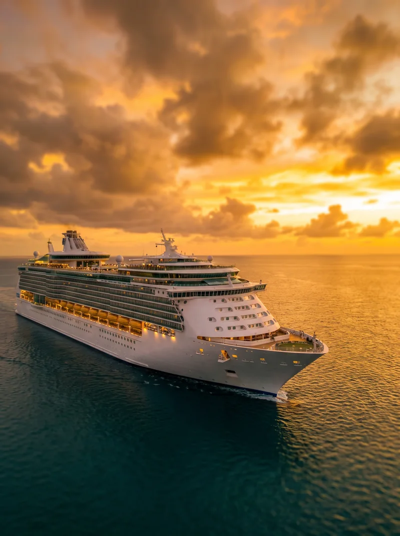 A cruise liner at sea under a golden sunset