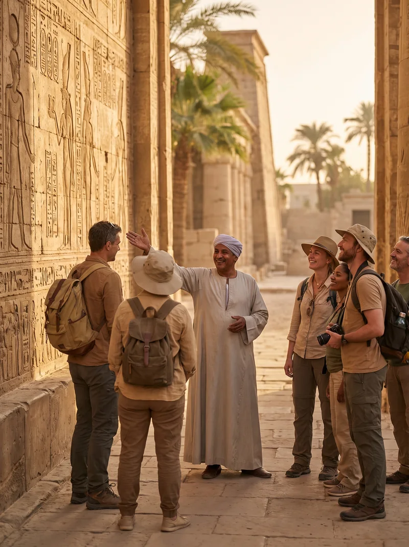 A guide showing temple carvings to a small group of visitors