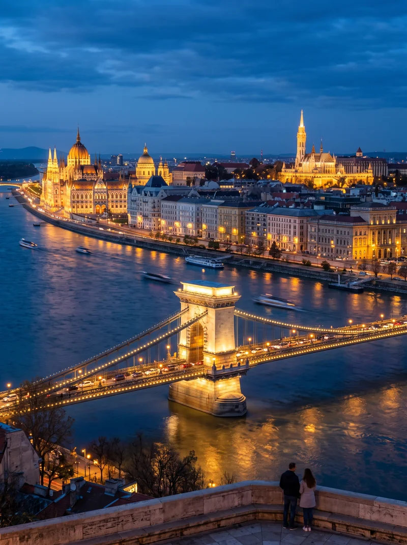 A European river city lit up at dusk