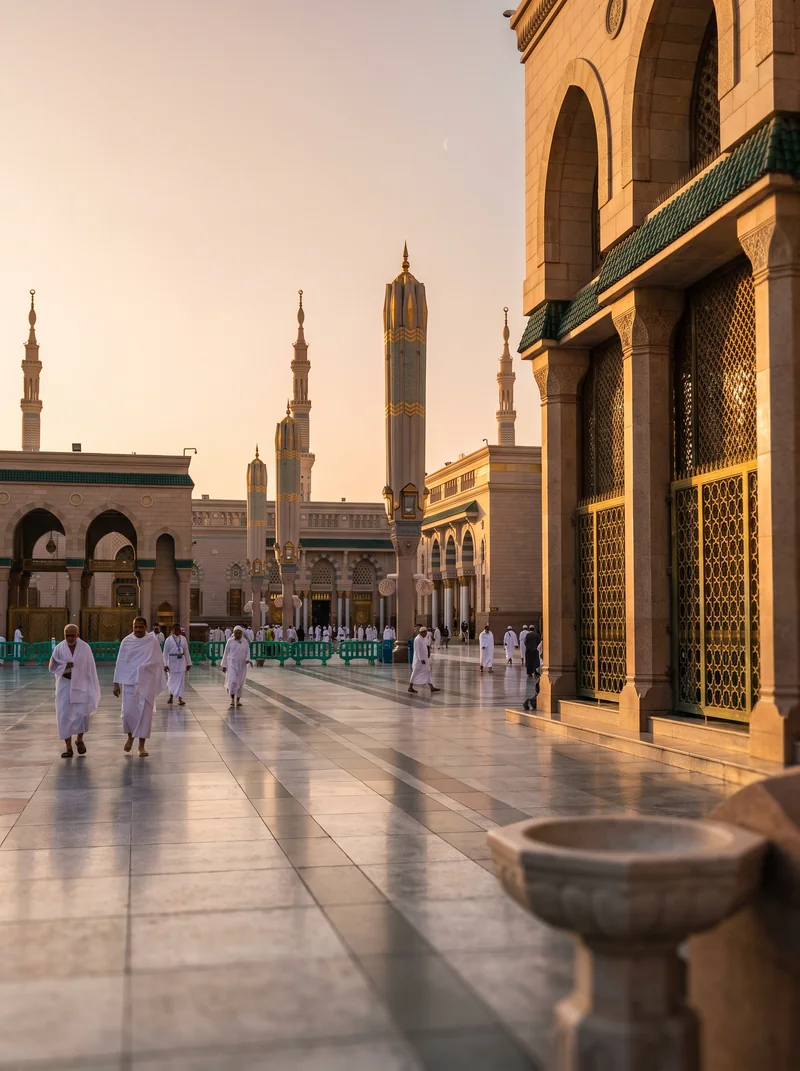 A calm mosque courtyard at dawn with pilgrims in white