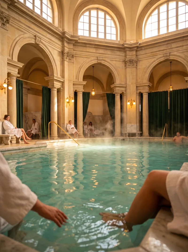 A historic European thermal bathing hall with steaming mineral water
