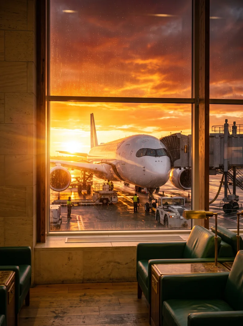 An airliner at the gate in golden morning light